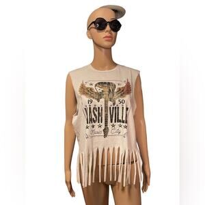 Backstage Customs white sleeveless cropped fringe Nashville tee size medium